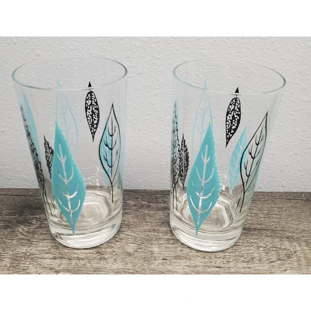Vtg Federal Glass MCM Barware Teal & Black Leaves 5.25